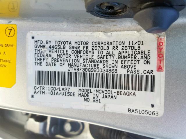 JTHBF30G920024868 - 2002 LEXUS ES 300 SILVER photo 10