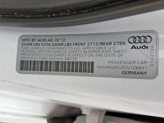 WAUHGAFC4CN128851 - 2012 AUDI A6 PRESTIG WHITE photo 10