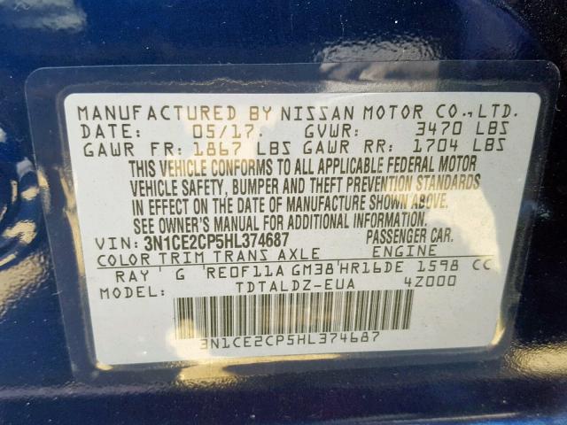 3N1CE2CP5HL374687 - 2017 NISSAN VERSA NOTE BLUE photo 10