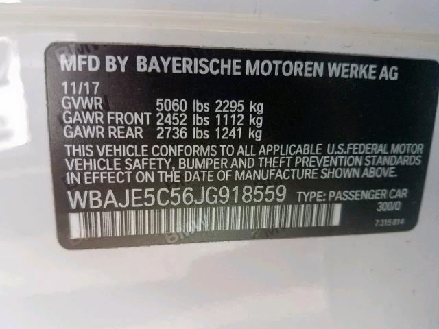 WBAJE5C56JG918559 - 2018 BMW 540 I WHITE photo 10