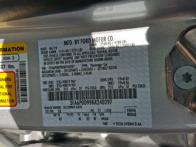 3FA6P0D99KR240297 - 2019 FORD FUSION TIT SILVER photo 10