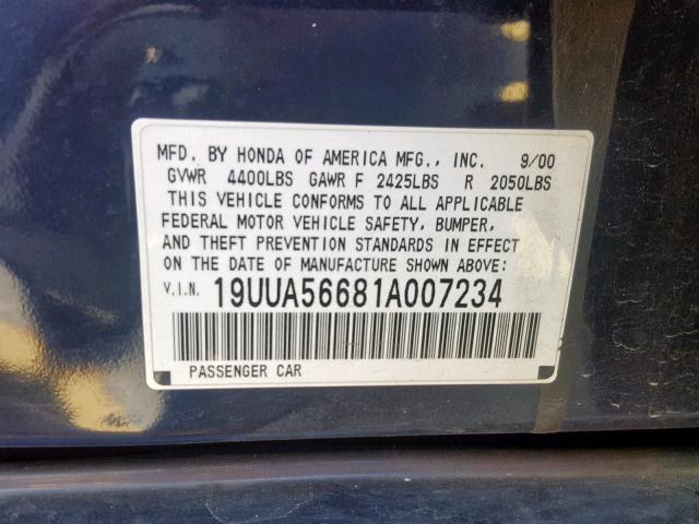 19UUA56681A007234 - 2001 ACURA 3.2TL BLUE photo 10