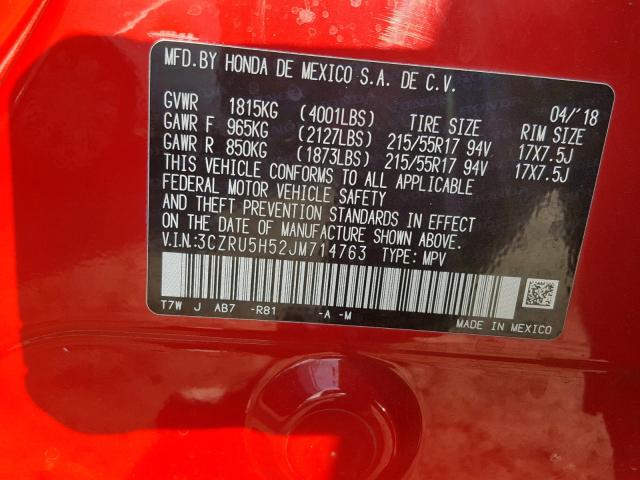 3CZRU5H52JM714763 - 2018 HONDA HR-V EX RED photo 10