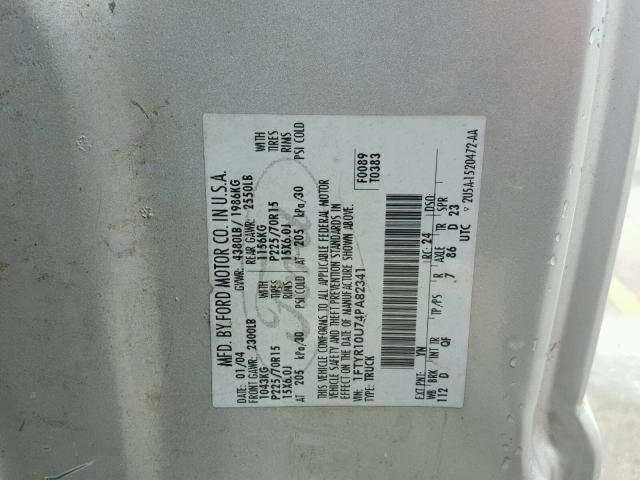 1FTYR10U74PA82341 - 2004 FORD RANGER SILVER photo 10