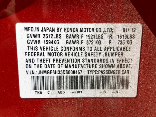 JHMGE8H33CS008467 - 2012 HONDA FIT RED photo 10