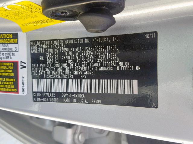 4T3BK3BB3BU062283 - 2011 TOYOTA VENZA SILVER photo 10