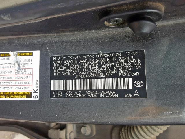 JTNBE46K373082417 - 2007 TOYOTA CAMRY NEW GRAY photo 10