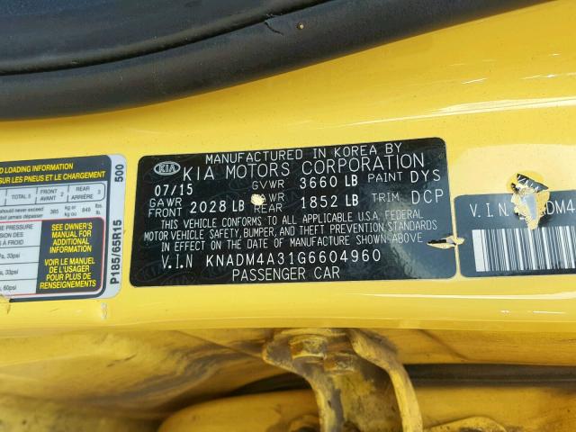 KNADM4A31G6604960 - 2016 KIA RIO LX YELLOW photo 10