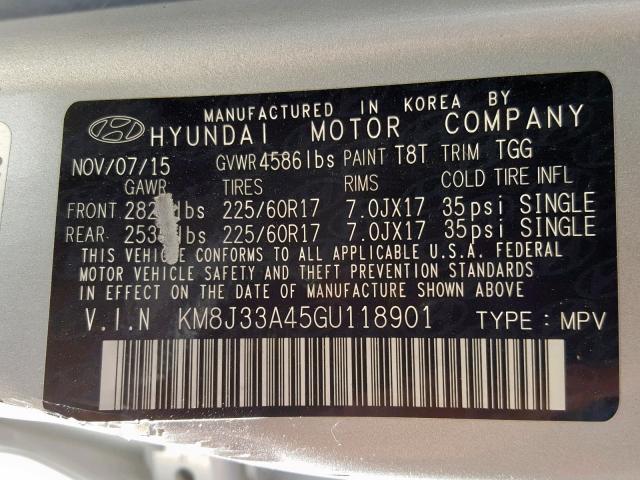 KM8J33A45GU118901 - 2016 HYUNDAI TUCSON LIM SILVER photo 10