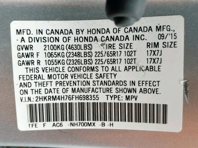 2HKRM4H76FH698355 - 2015 HONDA CR-V EXL SILVER photo 10