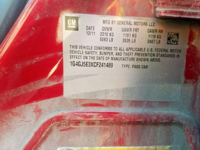 1G4GJ5E3XCF241489 - 2012 BUICK LACROSSE T BURGUNDY photo 10