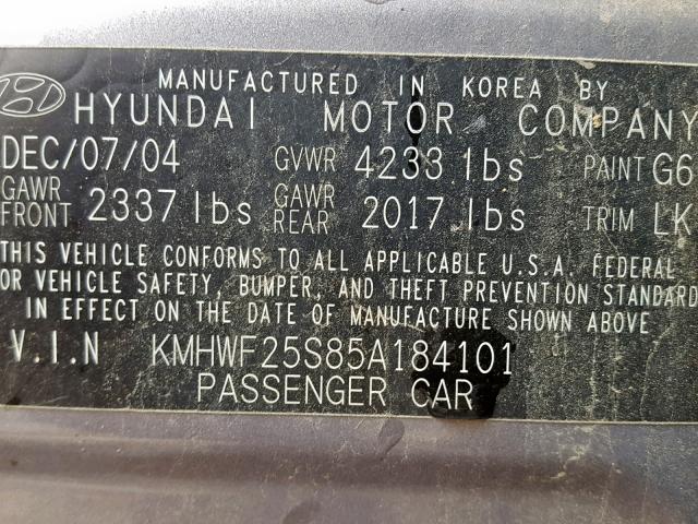 KMHWF25S85A184101 - 2005 HYUNDAI SONATA GL GRAY photo 10