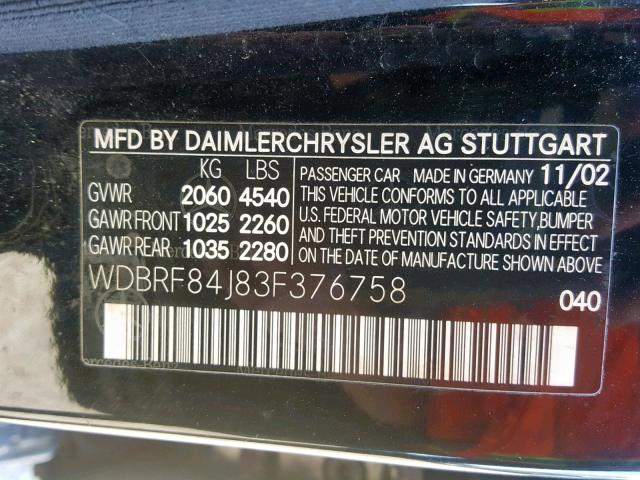 WDBRF84J83F376758 - 2003 MERCEDES-BENZ C 320 4MAT BLACK photo 10