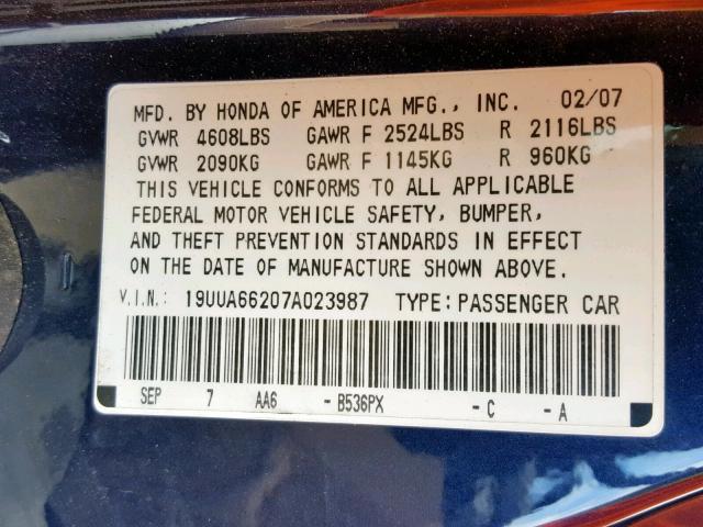 19UUA66207A023987 - 2007 ACURA TL BLUE photo 10