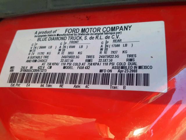 3FRNX65CX8V073275 - 2008 FORD F650 SUPER RED photo 10