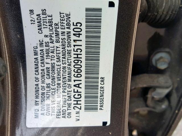 2HGFA16609H511405 - 2009 HONDA CIVIC LX-S Qəhvəyi foto 10