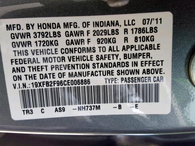 19XFB2F96CE006886 - 2012 HONDA CIVIC EXL GRAY photo 10