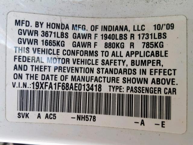 19XFA1F68AE013418 - 2010 HONDA CIVIC LX-S Ağ foto 10