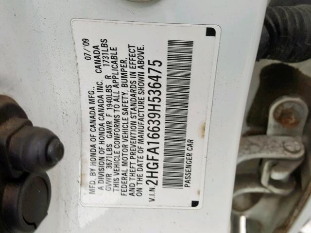 2HGFA16639H536475 - 2009 HONDA CIVIC LX-S أبيض صورة 10