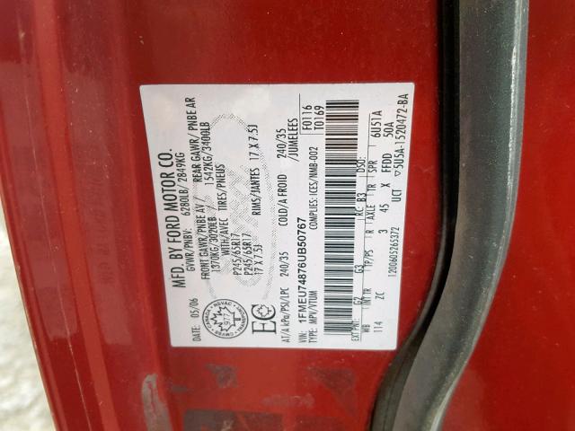 1FMEU74876UB50767 - 2006 FORD EXPLORER E RED photo 10