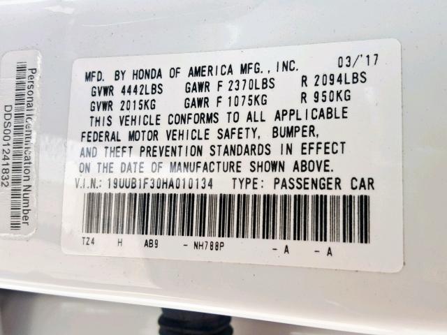 19UUB1F30HA010134 - 2017 ACURA TLX WHITE photo 10