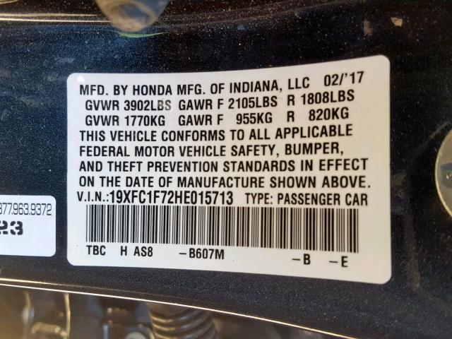 19XFC1F72HE015713 - 2017 HONDA CIVIC EXL 灰色 照片 10