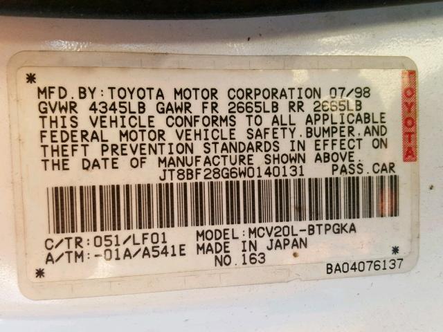 JT8BF28G6W0140131 - 1998 LEXUS ES 300 WHITE photo 10