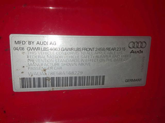 WAUAF78E58A168229 - 2008 AUDI A4 2.0T RED photo 10