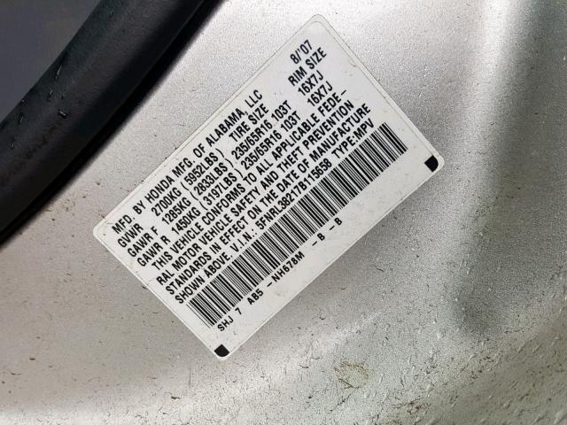 5FNRL38217B115658 - 2007 HONDA ODYSSEY LX SILVER photo 10