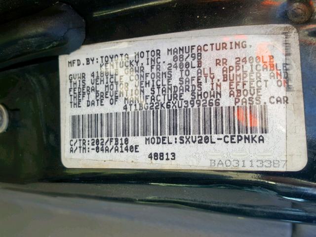 4T1BG22K6XU399266 - 1999 TOYOTA CAMRY CE BLACK photo 10