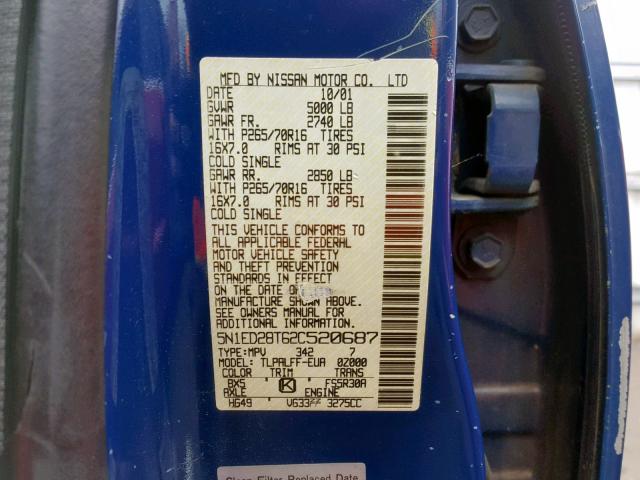 5N1ED28T62C520687 - 2002 NISSAN XTERRA XE BLUE photo 10