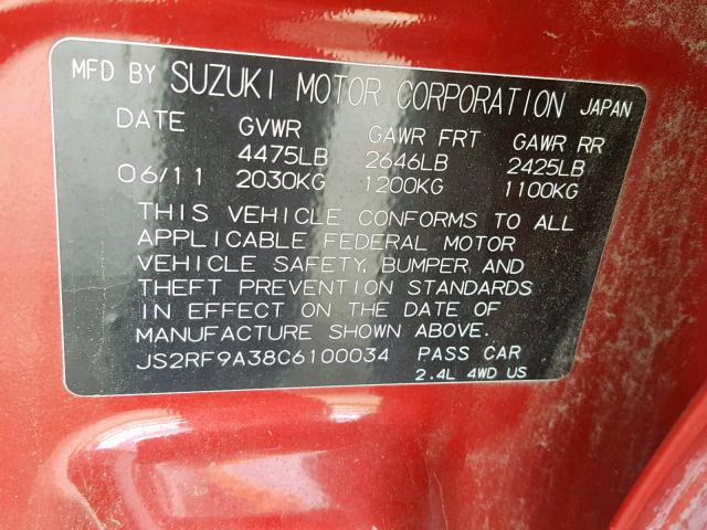 JS2RF9A38C6100034 - 2012 SUZUKI KIZASHI SE RED photo 10