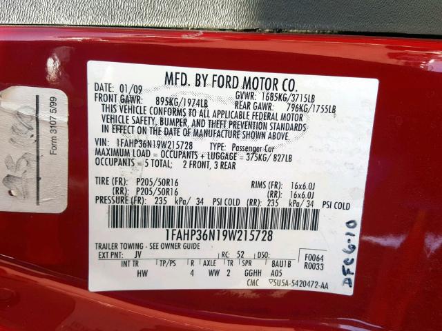 1FAHP36N19W215728 - 2009 FORD FOCUS SES RED photo 10