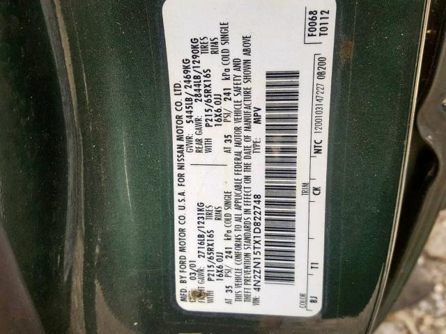 4N2ZN15TX1D822748 - 2001 NISSAN QUEST GXE GREEN photo 10