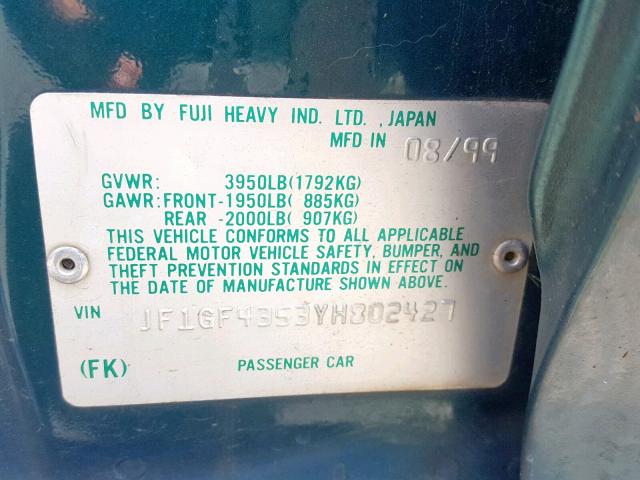 JF1GF4353YH802427 - 2000 SUBARU IMPREZA L GREEN photo 10