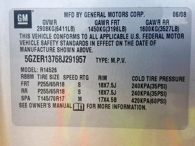 5GZER13768J291957 - 2008 SATURN OUTLOOK XE SILVER photo 10