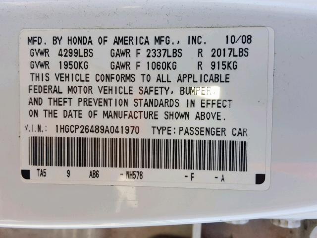 1HGCP26489A041970 - 2009 HONDA ACCORD LXP WHITE photo 10