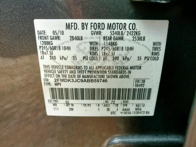 2FMDK3JC9ABB59746 - 2010 FORD EDGE SEL GRAY photo 10