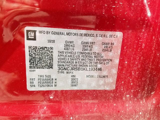 3GNCJRSB1KL193446 - 2019 CHEVROLET TRAX PREMI RED photo 10