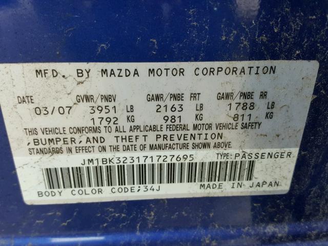 JM1BK323171727695 - 2007 MAZDA 3 S BLUE photo 10