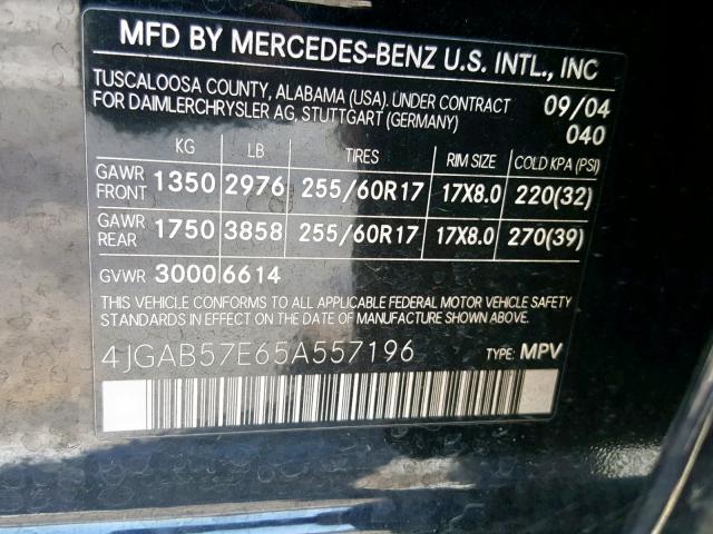 4JGAB57E65A557196 - 2005 MERCEDES-BENZ ML 350 BLACK photo 10