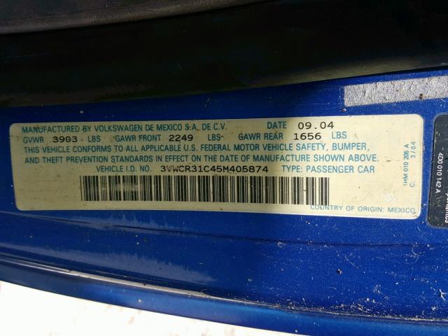 3VWCR31C45M405874 - 2005 VOLKSWAGEN NEW BEETLE BLUE photo 10