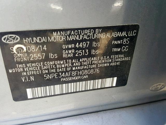 5NPE34AF8FH080876 - 2015 HYUNDAI SONATA SPO SILVER photo 10