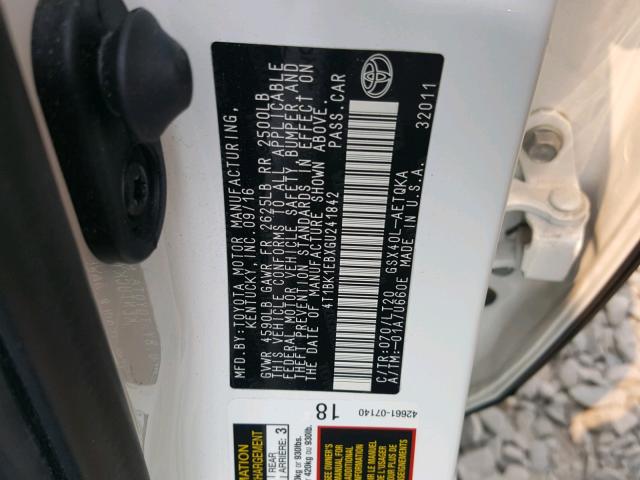 4T1BK1EBXGU241842 - 2016 TOYOTA AVALON XLE WHITE photo 10