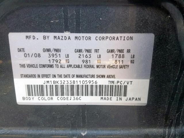 JM1BK323381105956 - 2008 MAZDA 3 S CHARCOAL photo 10