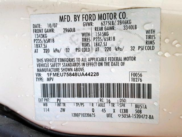 1FMEU75848UA44228 - 2008 FORD EXPLORER L WHITE photo 10