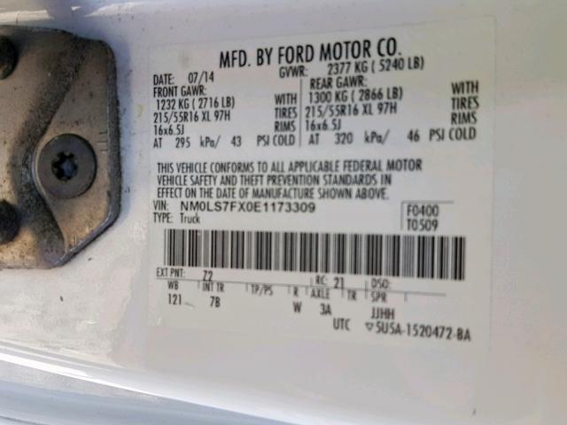 NM0LS7FX0E1173309 - 2014 FORD TRANSIT CO WHITE photo 10