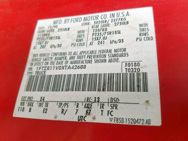 1FTZR11V0XTA42688 - 1999 FORD RANGER RED photo 10