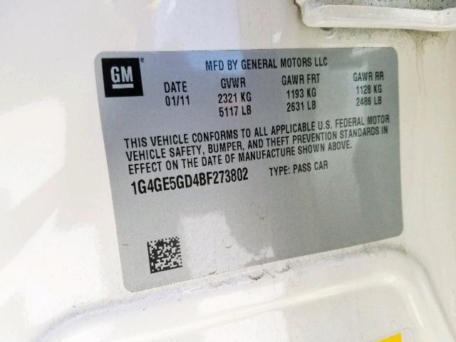 1G4GE5GD4BF273802 - 2011 BUICK LACROSSE C WHITE photo 10