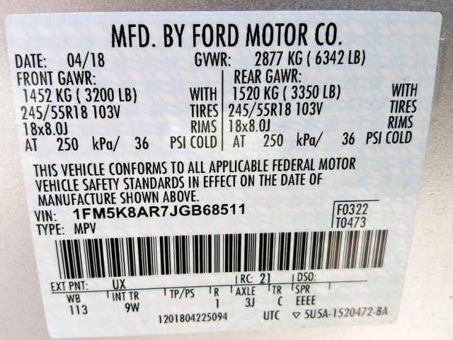 1FM5K8AR7JGB68511 - 2018 FORD EXPLORER P SILVER photo 10